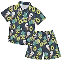 visesunny Toddler Boys 2 Piece Outfit Button Down Shirt and Short Sets Tropical Skull Pineapple Ice Cream Boy Summer Outfits