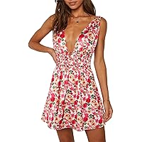 Y2k Floral Cut Out Backless Dress Sexy V Neck Bodycon Short Summer Flowy Dress Tropical Club Mini Dresses for Women