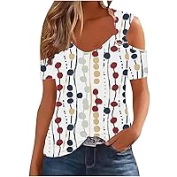 Women's Short Sleeve Cut Out Cold Shoulder Tops Sexy Casual Striped Color Block V Neck Tshirts Trendy Elegant Blouse