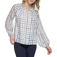 Calvin Klein Women's Essential Shirred Front Longsleeve Printed Blouse