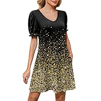 Summer Dresses for Women 2024 Casual Dresses Puff Short Sleeve V-Neck Cocktail Mini Dress with Pockets