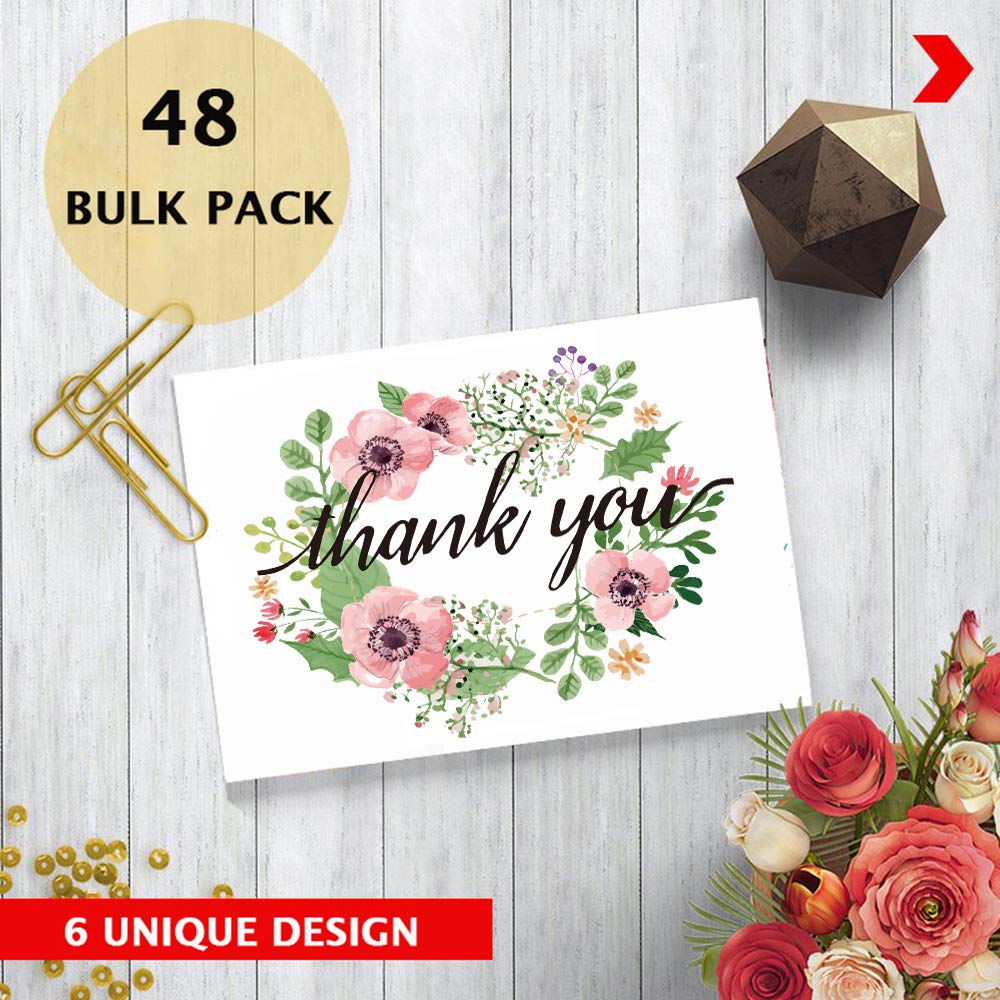 SUPHOUSE Teacher Thank You Cards with Envelopes Set, Thank You Cards Teacher Appreciation,Small Business,Baby Shower Thank You Cards, Wedding Thank You Cards Pink Floral Style,48 Bulk Pack