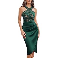 GRACE KARIN Women's Cocktail Dress Semi Formal Wedding Guest Lace Satin Halter Dresses for Evening Party