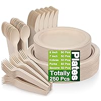 250 Piece Compostable Paper Plates Set with Extra Long Utensils, Sugarcane Fibers Disposable Dinnerware Set, Eco Friendly Biodegradable Plates, Cups, Spoons, Fork for Party, Camping, Picnic