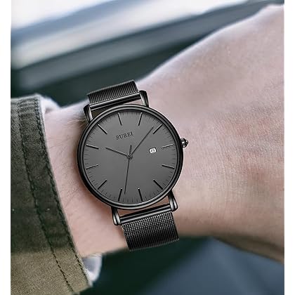 BUREI Men's Fashion Minimalist Wrist Watch Waterproof Watches Simple Ultra Thin Watches Analog Quartz Date with Stainless Steel Mesh Band