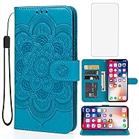 Case for iPhone Xs Max Case, Apple XS Max Wallet Case with Tempered Glass Screen Protector, Embossed Mandala Leather Flip Credit Card Holder Stand Phone Cover Cases for iPhone Xs Max Blue