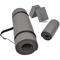 Signature Fitness All Purpose 1/2-Inch Extra Thick High Density Anti-Tear Exercise Yoga Mat and Knee Pad with Carrying Strap and Optional Yoga Blocks, Multiple