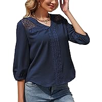 Womens Tops Dressy Casual V Neck Lace Crochet Floral Tunic Shirts 3/4 Puff Sleeve Pleated Blouses Loose Fit
