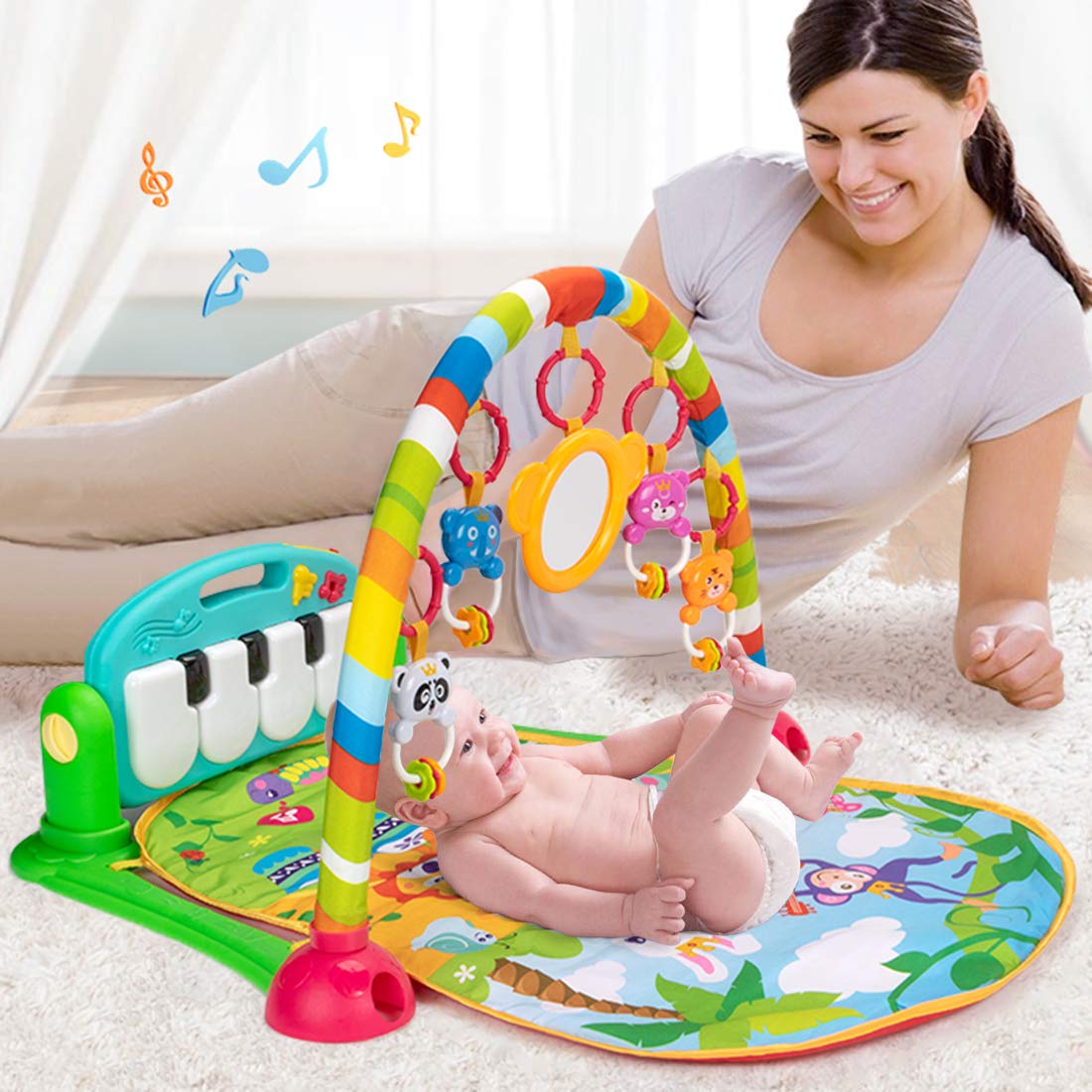 UNIH Baby Gym Play Mat and Play Piano Gym with Tummy Time Mat, Musical Light Activity Center for Infants Toddlers, Birthday Gift Play Mat for Newborn