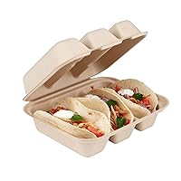 Pulp Safe 8 x 7.2 x 3.5 Inch Taco Clamshell Containers 50 No PFAS Added Taco Containers - Home Compostable 3-Compartment Kraft Bagasse Sugarcane Clamshell Containers Microwavable