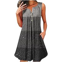 Plus Size Summer Sleeveless Tunic Dresses Women Color Block Button V Neck Cute Babydoll Mini Dress with Pockets
