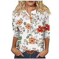 Women's Fashion Casual Printed Button-Down Round Neck Seven-Point Sleeve Top Summer Vacation Tops for Women