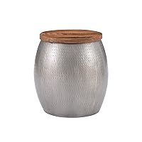 Pewter Hammered Metal Round Storage and Wood Top Janice Drum Side Table, Brown & Silver