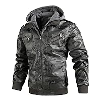 Men's Camo Faux Leather Jacket Winter Warm Moto Jacket with Removable Hood Pu Motorcycle Bomber Jackets Outwear