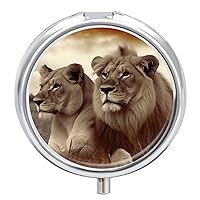 African Lion and Lioness Pill Box Pill Container Holder 3 Compartment Metal Pill Organizer Travel Medicine Organizer Portable Pill Box for Pocket to Hold Pills Vitamin