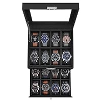 SONGMICS 16-Slot Watch Box, Christmas Gifts, Watch Display Case with Glass Lid, 2 Layers, Lockable, Black Synthetic Leather, Black Lining UJWB016B01