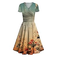 Spring Dresses for Women 2024 Spring and Summer Women's Casual Short-Sleeved V-Neck Printed Swing Dress
