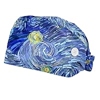 2 Pieces Working Cap with Button & Sweatband, Adjustable Tie Back Hats for Men Women Starry Sky Galaxy Bouffant Caps