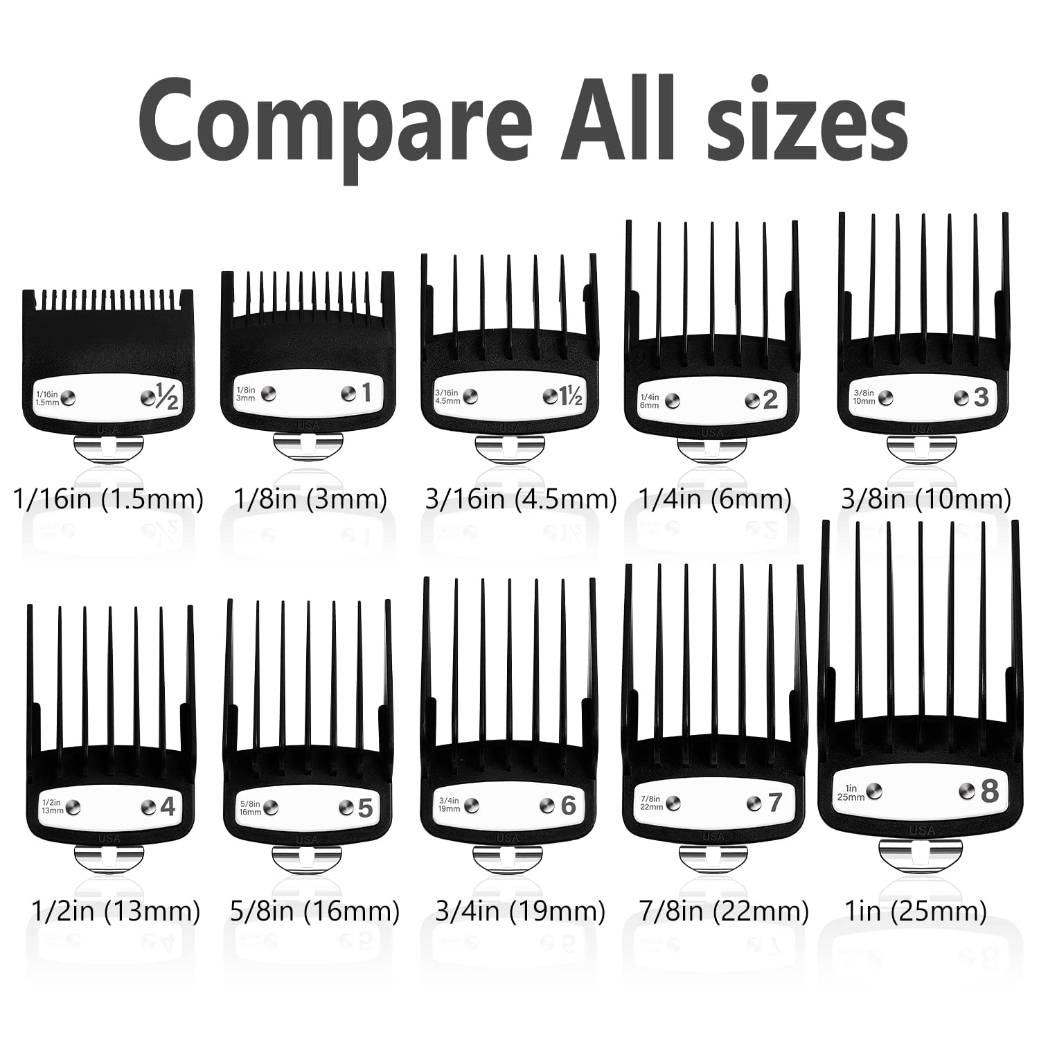 Professional Hair Clipper Guards Guides 10 Pcs Coded Cutting Guides #3170-400- 1/8” to 1 fits for All Wahl Clippers(Black-10 pcs)