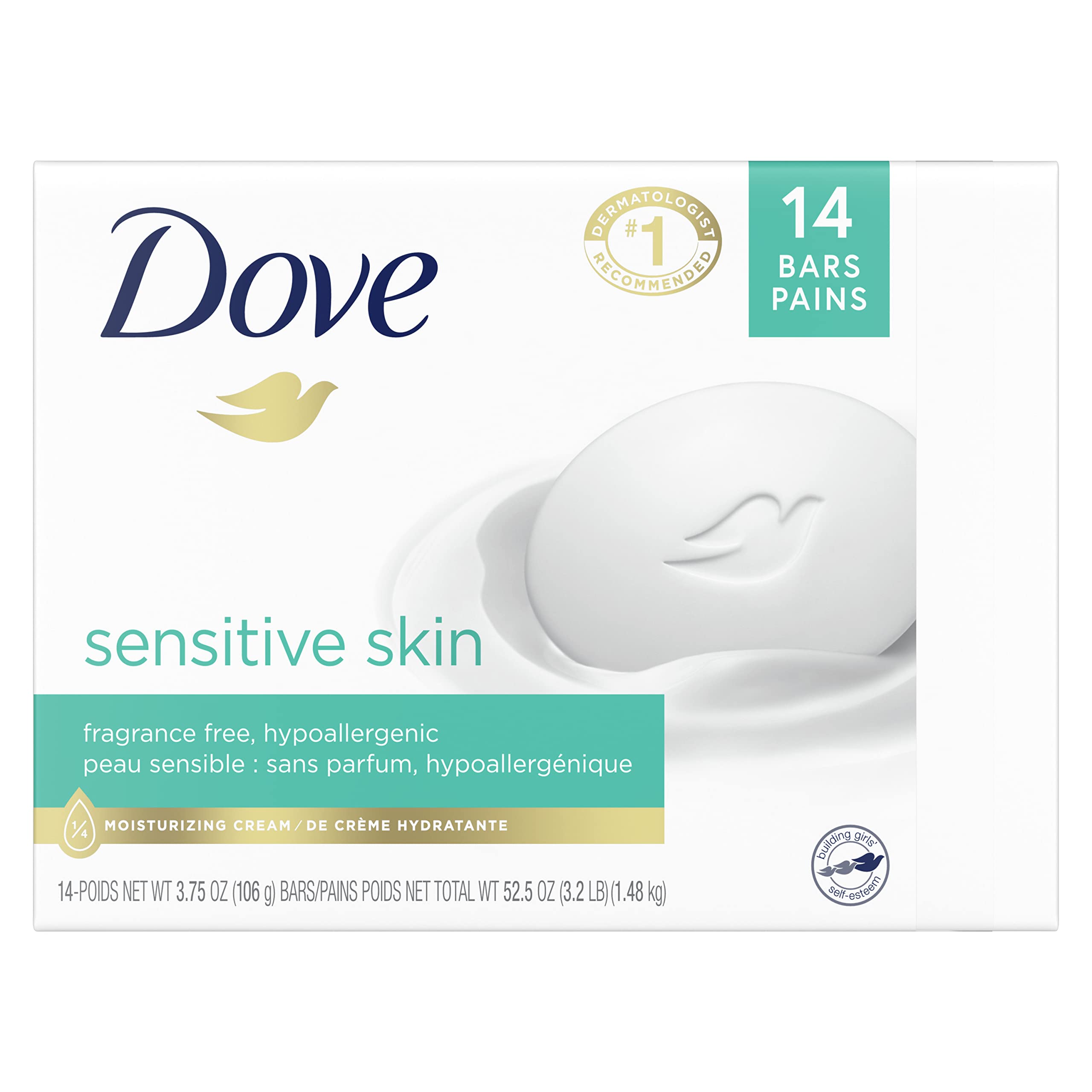 Dove Beauty Bar More Moisturizing Than Bar Soap for Softer Skin, Fragrance-Free, Hypoallergenic Beauty Bar Sensitive Skin With Gentle Cleanser 3.75 oz, 14 Bars