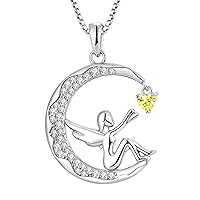Guardian Angel Pendant Necklace 925 Sterling Silver Moon Necklace with Heart Birthstone Cubic Zirconia Jewellery Gifts for Women Girls