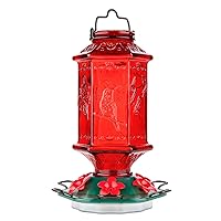 Hummingbird Feeder for Outdoors, Lantern Shaped Bottle, 6 Simulation Flowers Feeding Ports, 26 fl.oz, Hanging for Garden Yard, Rust Proof, Red(Ant Moat Included)