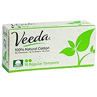 Veeda 100% Natural Cotton Applicator Free Tampons, Unscented, 16 Count