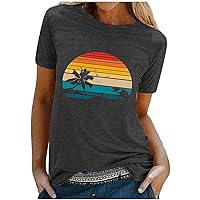 Beach Shirts for Women Hawaiian Graphic Tees Palm Tree Printed Summer Vacation Vintage Tshirt Tops Casual Blouses