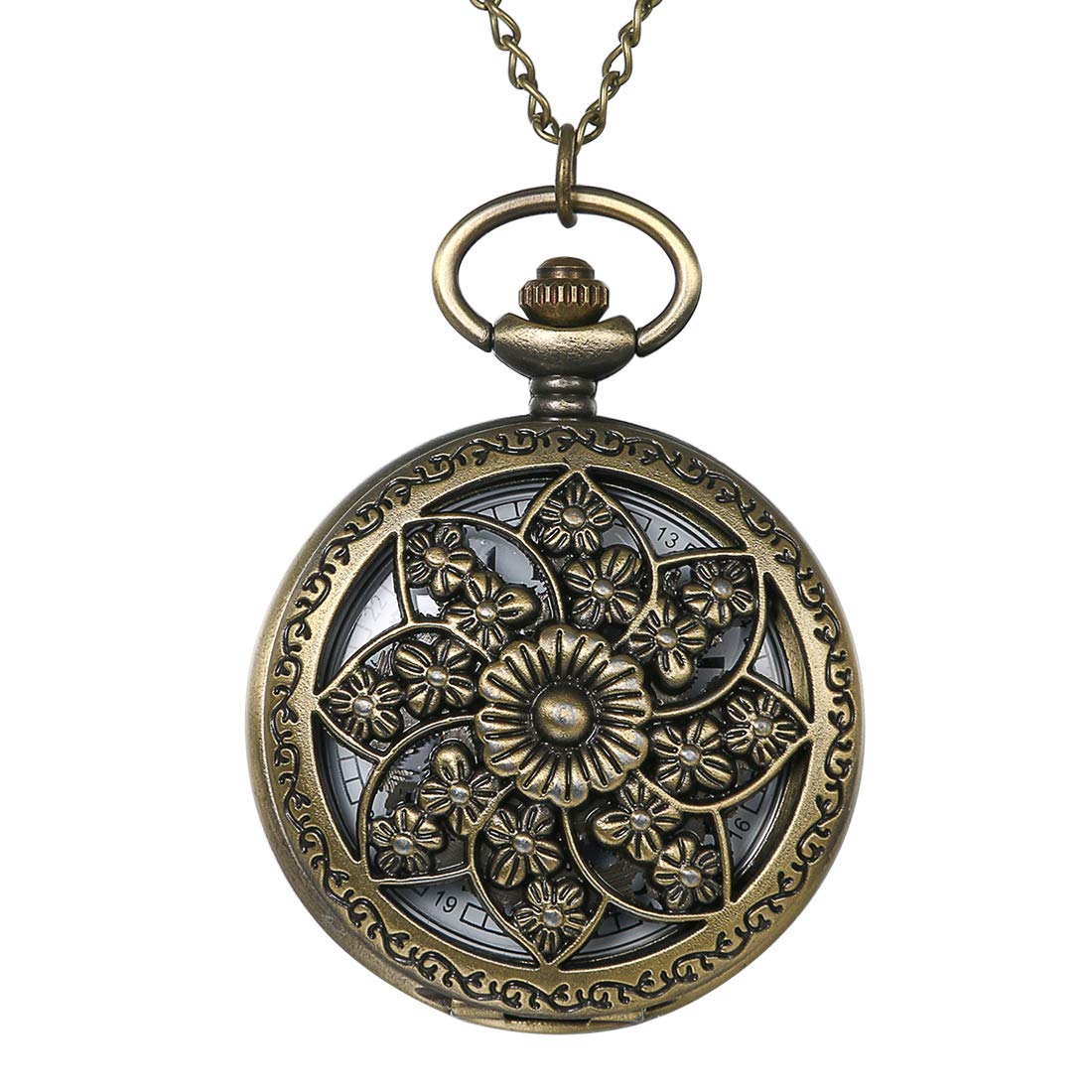 Avaner Antique Bronze Retro Hollow Rose Flowers Openwork Quartz Pocket Watch for Women Girls