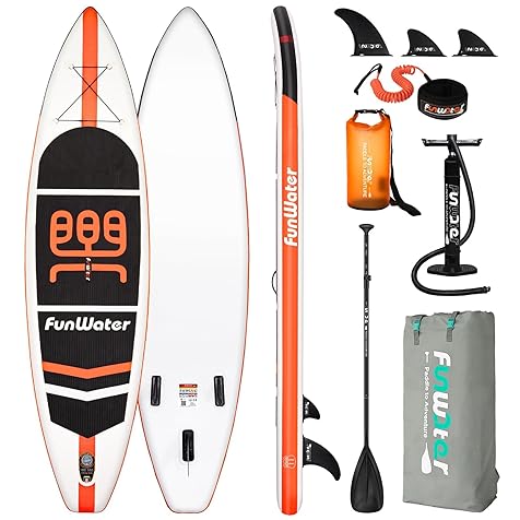 FunWater Stand Up Paddle Board Ultra-Light Inflatable Paddleboard with ISUP Accessories,Three Fins,Adjustable Paddle, Pump,Backpack, Leash, Waterproof Phone Bag