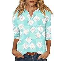 Ladies Tops and Blouses 3/4 Length Sleeve Womens Tops V Neck Cute Shirts Casual Print Trendy Tops Three Quarter Length T Shirt Womens Fashion 2024 My Orders 28-Sky Blue Small