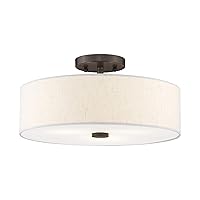Livex Lighting 52135-92 Meridian Collection 3-Light Semi Flush Mount Ceiling Fixture with Oatmeal Color Fabric Hardback Drum Shade and Satin White Diffuser, English Bronze