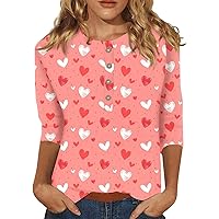 Cute Tops for Women,Tunic Tops Women's Fashion Casual 3/4 Sleeve Printed Round Neck Button Top Going Out Tops for Women Womens Graphic Tees Black Blouse Size XXL Thermal Shirt(1-Pink,3XL)