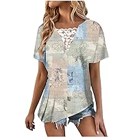 Women Boho Flower Button Ruched Asymmetrical Tops Summer Lace Patchwork V Neck Short Sleeve Fashion Casual Blouses