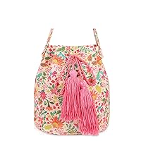 Canvas Crossbody Bags for Women, Tassels Drawstring Bucket Bag, Bohemian Colorful Flowers Handbag, Large Capacity Travel Shoulder Bag, Multicoloured