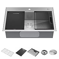 DELTA Rivet 33-Inch Workstation Kitchen Sink Drop-In Top Mount 16 Gauge Stainless Steel Single Bowl with WorkFlow Ledge and Chef’s Kit of 5 Accessories, 95A931-33S-SS