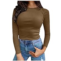 Fall Tops Women Trendy Knit Shirts Slim Fit Tshirts Long Sleeve Tees Round Neck Tight Tee Top Solid Y2k T Shirts