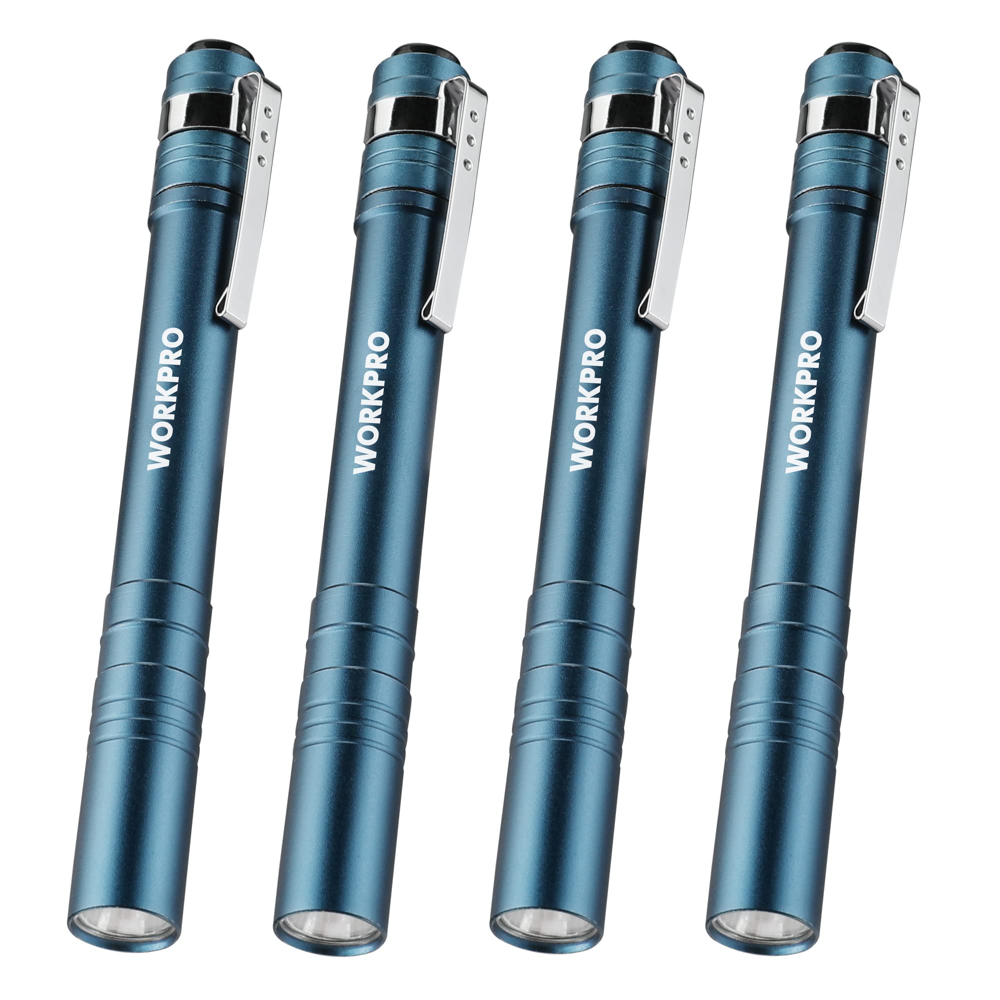 WORKPRO LED Pen Light Set, Battery-Powered Aluminum Handheld Flashlights, Pocket Torch Penlight with High Lumens for Camping, Outdoor, Emergency, Everyday, 8AAA Batteries Included, Blue (4-Pack)