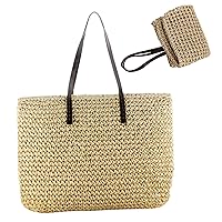 Straw Bag Fashion Summer Beach Bags for Women Large Capacity woven Shoulder Purse with Zipper Handbags for Pool Vocation Beige