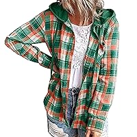 Women's Hooded Plaid Striped Coat Shirt Long Sleeve Plaid Hoodies Jacket Shirts Casual Loose Button Down Hooded