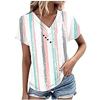 YZHM Womens Fashion Shirts Short Sleeve Summer Tops V Neck Striped Tshirts Dressy Casual Blouses Soft Basic Tees Ladies Tunic