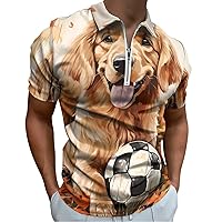 Football Golden Retriever Mens Polo Shirts Quick Dry Short Sleeve Zippered Workout T Shirt Tee Top