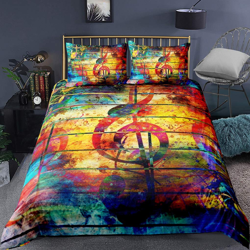 PATATINO MIO Adults Musicial Bedding Set Microfiber 3D Red/Gold/Blue Music Note Printed Art Duvet Cover Set for Boys Girls Kids 2PCS with 1 Duvet C...