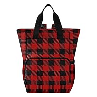Black Red Buffalo Plaid Check Diaper Bag Backpack for Women Men Large Capacity Baby Changing Totes with Three Pockets Multifunction Nappy Changing Bag for Travelling Picnicking