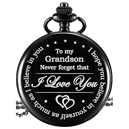 Hicarer Memory Present to My Grandson Pocket Watch, I Love You to Grandson Present from Grandpa Grandma