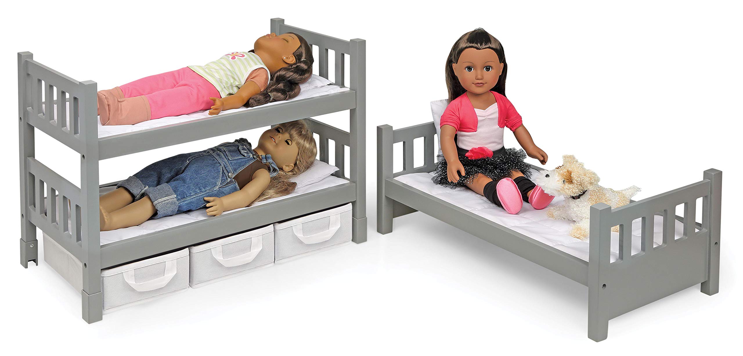 Badger Basket Toy 1-2-3 Convertible Doll Bunk Bed with Storage Baskets and Personalization Kit for 20 inch Dolls - Gray