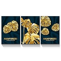 Looife 3 panel Canvas Wall Art for Living Room - 3 Piece 36x48 Inch Gold Tropic Leaves Artwork Prints Wall Decor, Banana Leaf Picture on Wood Grame for Office Wall