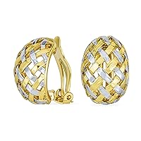 Half Hoop Shrimp Style Woven Braided Dome Two Tone Open Basket Weave Clip On Earrings For Women Button Style Non Pierced Ears Silver Gold Plated Brass