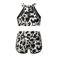Kids Girls Athletic 2-Pieces Outfit Halter Polka Dot Crop Top with Booty Shorts Ballet/Dance/Sports