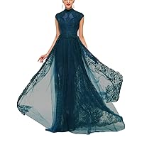 Women's A Line Lace Cap Sleeves Formal Evening Dress High Neck Long Prom Gowns